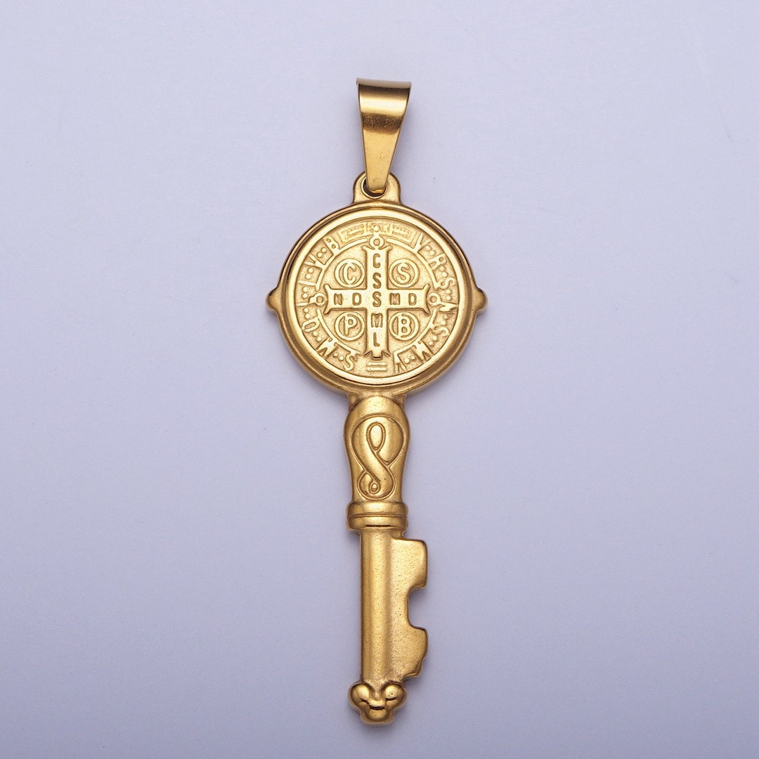 Doublesided Gold St. Benedict Key Pendant, 24K Gold Filled Stainless
