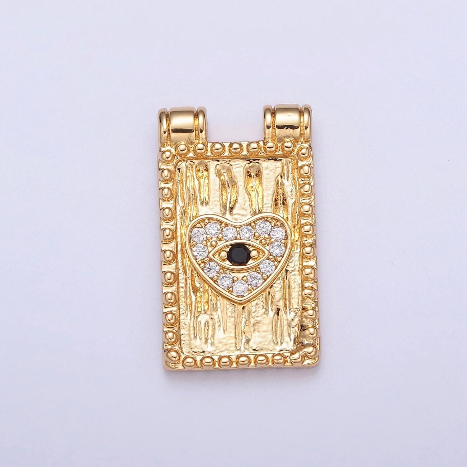 24k gold evil eye in clear cz stoned heart tag pendant, gold rectangle beaded edges, cz stones heart, rectangle connector | g-923