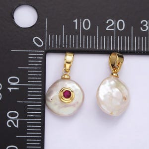 May include: Two gold-tone pendants with a baroque pearl and a red gemstone. The pearl pendant is about 1.5 inches in diameter. The pendant with the gemstone is about 1 inch in diameter.