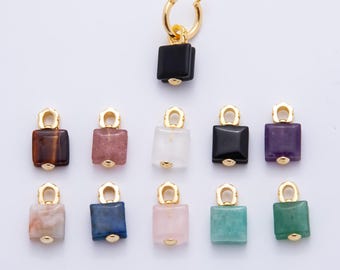 May include: A collection of gemstone earrings with gold-colored hoops and accents. The earrings feature square-shaped gemstones in various colors, including black, brown, pink, blue, green, and purple. The earrings are displayed on a white background.
