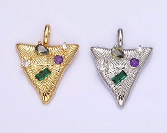 14K Gold Filled 21.5mm Multicolor CZ Line-Textured Abstract Triangle Pendant in Gold & Silver | AA737 AA738