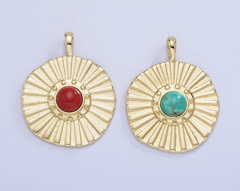 14K oro lleno rojo cornalina redondo Sunburst encanto turquesa cuenta medallón encanto collar pulsera suministro / AA-1256