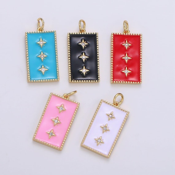 1x gold colorful enamel star charm on tile tag shape pendant, blue black red pink pendant enamel jewelry summer trend e127