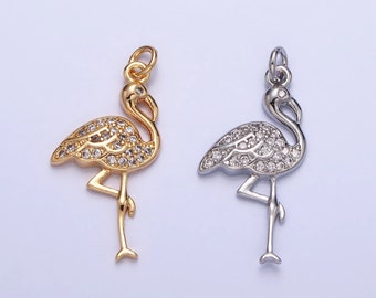 Mini Gold Flamingo Charm Silver Micro Pave Bird Zoo Pendant AC731 AC732