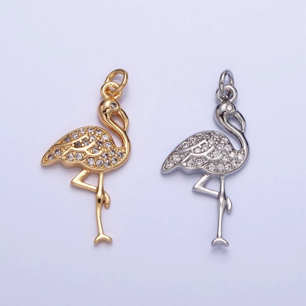 Mini Gold Flamingo Charm Silver Micro Pave Bird Zoo Pendant AC731 AC732