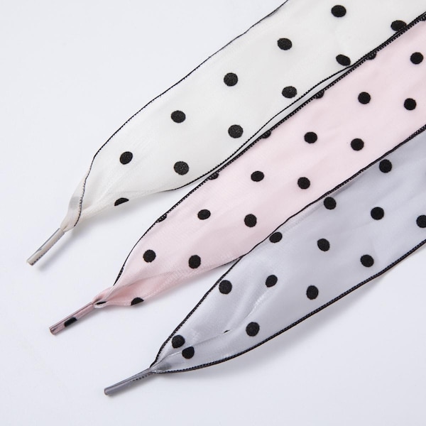 White, Pink, and Grey polka dot ribbon shoelaces romantic wide sheer sneaker laces for Fashion shoe game everyday chic accessory | WB-00309