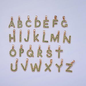 18k gold filled green emerald cz initial, micro pave cubic zirconia alphabet letter, dainty personalized pendant for jewelry making