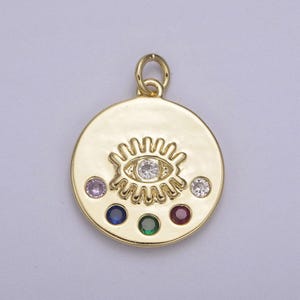 Tiny evil eye medallion with 5 multi color cz 14k gold filled | diy pendant charm necklace bracelet earring | n-929