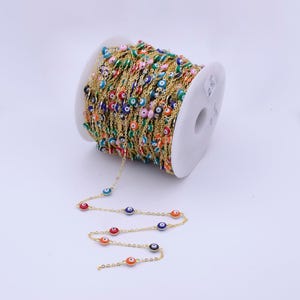 Cadena de eslabones tipo cable con forma de ojo malvado, bañada en oro de 24 quilates, cortada a medida, con 2 opciones de ojo de Ra multicolor, venta al por mayor, rollo de cadena/rollo -781, -868
