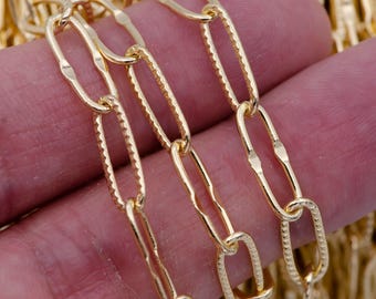 14k gold filled unfinished sunburst & textured paper clip unique chain, wholesale bulk sale roll chain by yard | roll-712