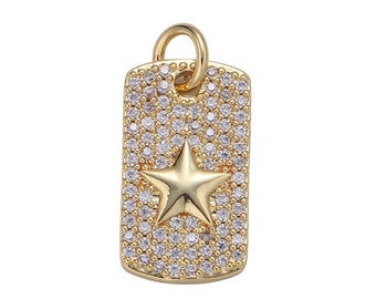 Micro Pave Star Pendant Dainty Tag Charm Micro Pave Gold Charm Star Tag Charm Jewelry Making Supply 24K Gold  Findings, E-137