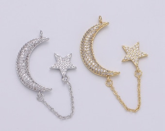 1pc. 24k gold lariat with moon and star charm,cz pave celestial rolo link lariat charm chain is 1.1mmx1.25 inches, supp-1048, 1049
