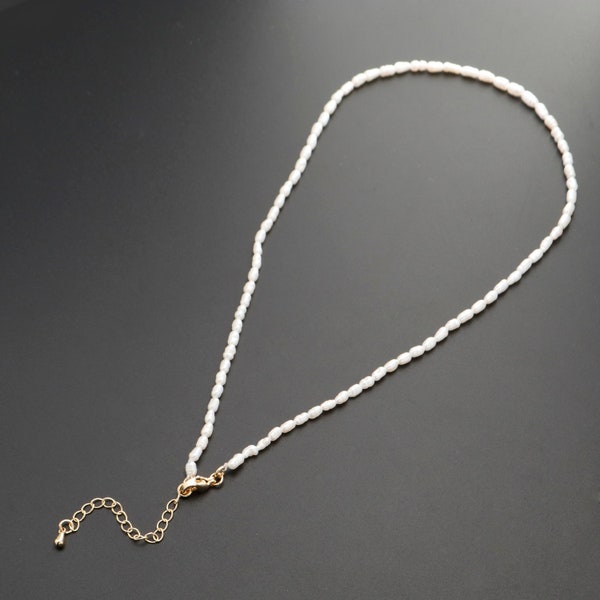 Pearl Choker Necklace,Baroque Rice Pearl Chain Necklace, Mother of Pearl Necklace, 14.5" +2 " extender Necklace Beaded Gold Chain, WA-329
