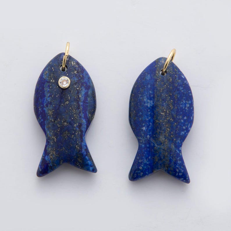 18k Gold Filled 38.8mm Big Gemstone Fish Pendant Natural Stone CZ Charm for Necklace Bracelet Jewelry Making DIY Supply | D265 Lapis lazuli