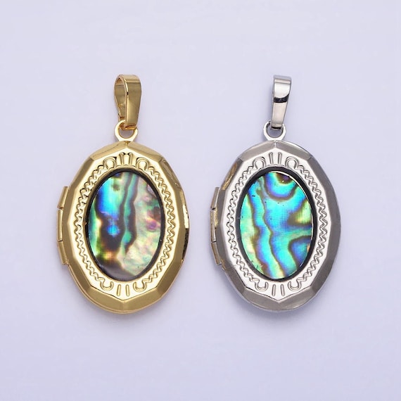 24k Gold Filled Abalone Oval Geometric Classics Necklace Locket in