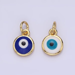 14K Gold Filled White, Blue Evil Eye Enamel 8mm Round Charm | N1023 N1024