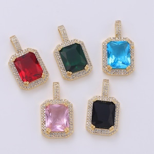 Cubic blue, black, green, pink, red 24k gold filled solitaire micro pave pendant, large emerald diamond square cz stone pendant j-238~j-242