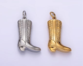 Stainless steel artisan engraved puffed cowboy boots shoes charm in gold & silver | p1273