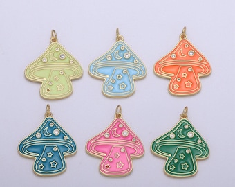 Gold mushroom charms, enamel magic mushroom pendant for necklace fantasy celestial jewelry for statement necklace e-263