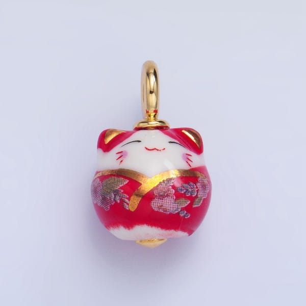 Dainty gold porcelain lucky cat charm 13mm handmade ceramic maneki neko, kawaii animal beads x918