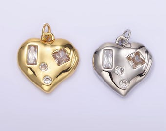 14k gold filled clear cz baguette dotted molten heart charm in gold & silver | n1163 n1164