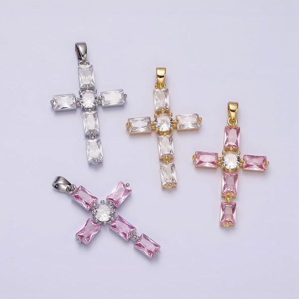 24K Gold Filled Cubic Zirconia Pink, Clear Baguette Dotted Religious Cross in Silver & Gold Necklace Pendant | AA543 - AA546