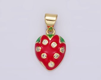 14K Gold Filled Enamel Red Strawberry Pendant Red Berry Fruit Charm CZ Kawaii Foodie Charm DIY Jewelry Accessories AH079