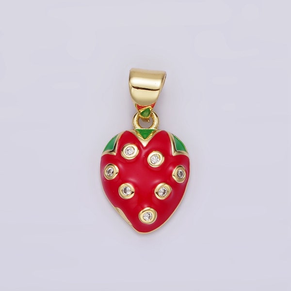 Pendentif fraise rouge émaillé 14 carats breloque fruits fruits rouges CZ breloque gourmande kawaii bijoux à bricoler soi-même accessoires AH079