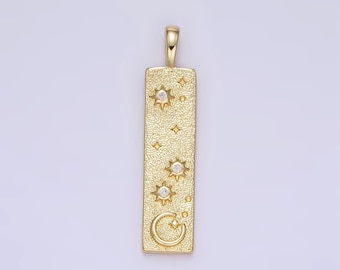 24k gold filled hammered rustic long bar cosmic celestial crescent moon star textured tag charm | aa1350