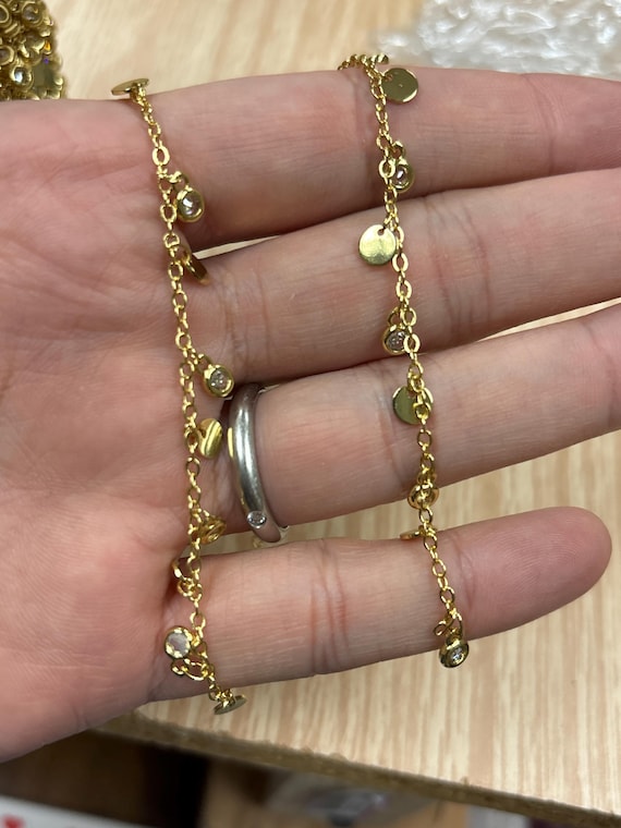 24K Gold Filled Round Disc CZ Sequin Chain by Yard, Wholesale Bulk