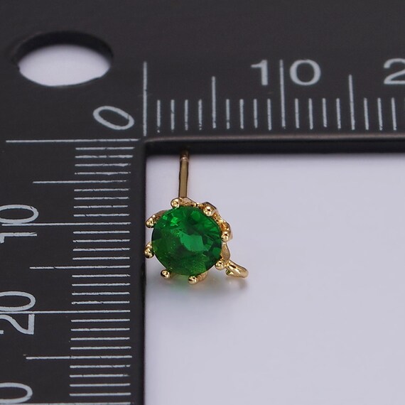 Gold Mini 7mm Round Clear Green CZ Closed Loop Stud Earrings