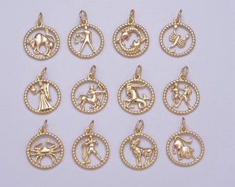 Dainty Zodiac Charm Horoscope with Decorated Rope edge Medallion Charm Astrology Sign for Necklace