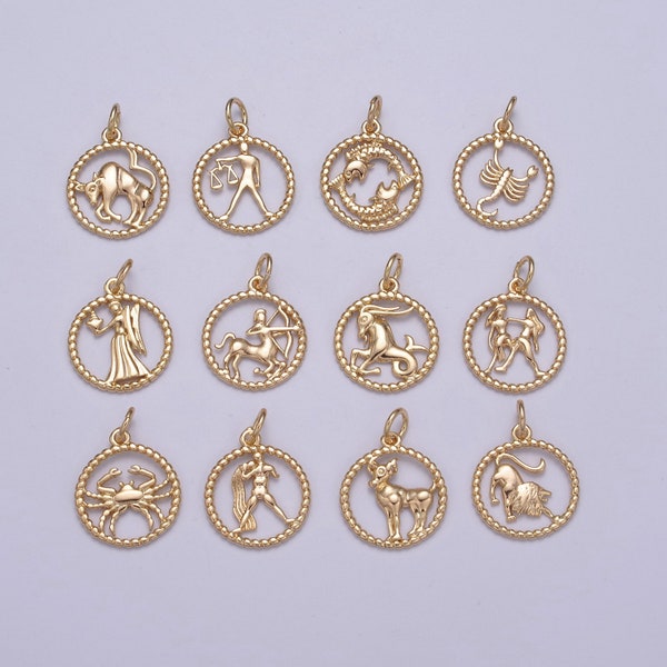 Dainty Zodiac Charm Horoscope with Decorated Rope edge Medallion Charm Astrology Sign for Necklace A-875