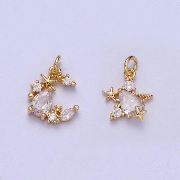 Tiny Gold CZ Diamonds Moon and Star Pendant, 16K Gold Filled Clear Micro Paved CZ Moon Stars Beaded Celestial Charm | N-100, N-136