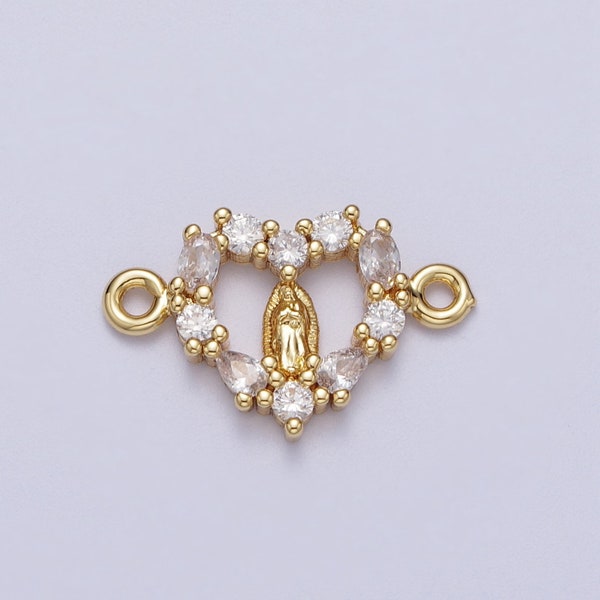 Mini Gold Filled Pave CZ Virgin Mary Charm Connector Lady Guadalupe Heart Link Connector for Bracelet Y637