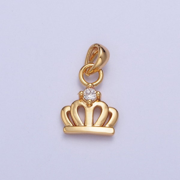 24K Gold Filled Cute Princess Royal Crown Micro Pave Cubic Zirconia CZ Stones Pendant, Royalty Vintage Crown Design Charm | X-454