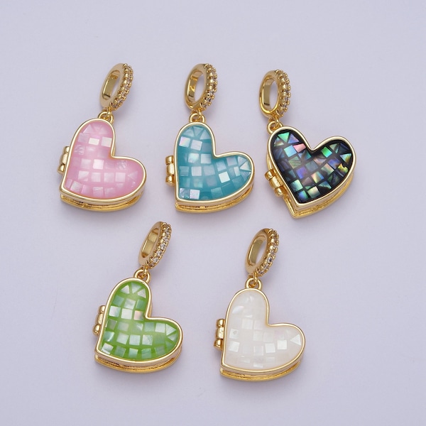 Gold Heart Pendant Marian Cross Abalone, Green, Pink, White, Shell Opal Love Locket Pendant H-106