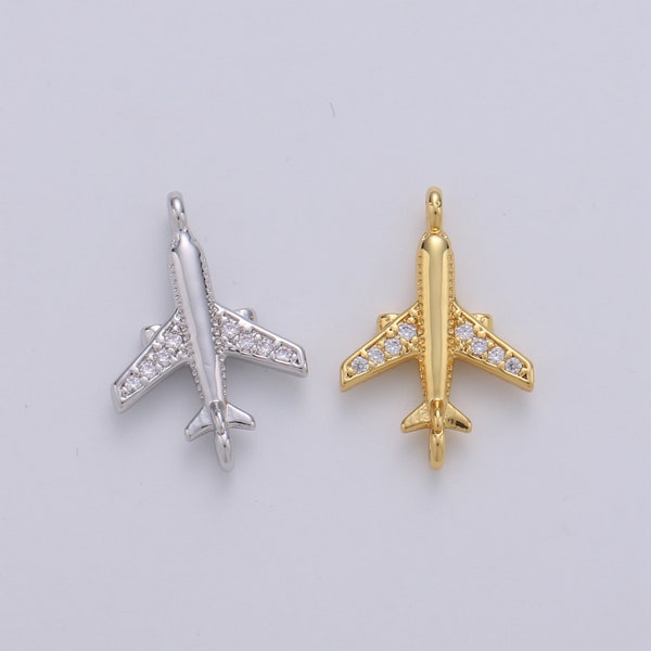 1pc 24k Gold  Micro Pave CZ Plane Charm Connector Micro Pave CZ Airplane Bracelet Connector For Bracelet Necklace Supply