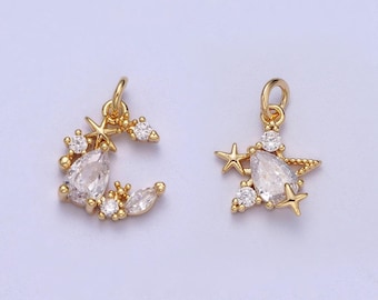 Pequeno pingente de lua e estrela em ouro 16k com diamantes cz, pingente celestial com micropavimentação em ouro 16k e contas de lua e estrelas cz |*y-449