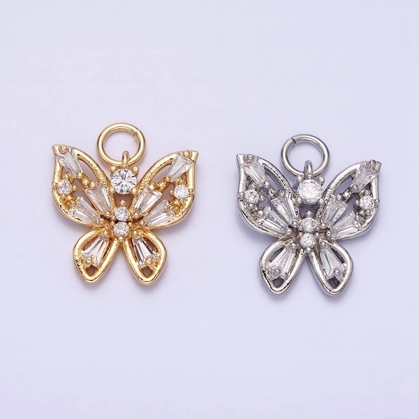 Mini Gold Butterfly Charm with CZ Baguette Stone Mariposa Animal Cubic Zirconia Pendant AC512 AC513