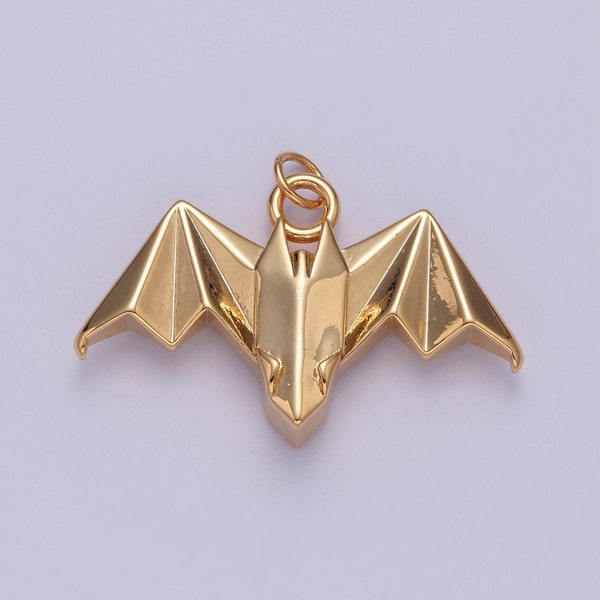 Colgante de murciélago volador de origami simple lleno de oro de 24k, amuletos minimalistas de murciélago de cueva de papel para joyería de bricolaje / X-080