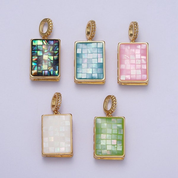 Gold Square Locket Pendant Lady Guadalupe Charm Marian Cross Abalone, Green, Pink, White, Shell Opal Book Locket Pendant H-139