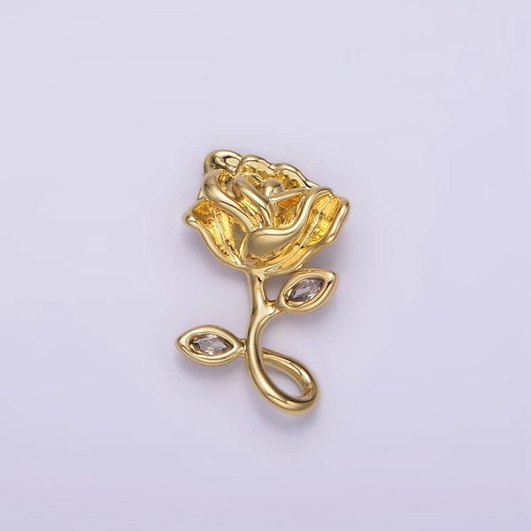 Upside Down Rose Charm 14K Gold Filled 16mm Rose Flower CZ Leaf Open Loop Pendant | N1807