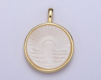 White pearl sunrise pendant gold filled sunset charm necklace, sunburst sun disc pendant for necklace bracelet component h-321