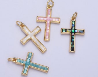 Dainty Pink, Abalone, Blue Opal Religious Cross Pendant For Christian Catholic Baptism, Religious Jewelry Making Supply in 14K Gold Filled