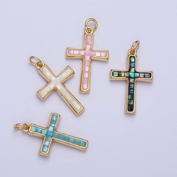 Dainty Pink, Abalone, Blue Opal Religious Cross Pendant For Christian Catholic Baptism, Religious Jewelry Making Supply in 14K Gold Filled