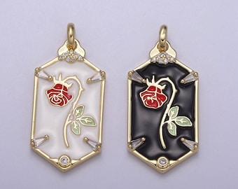 Dainty hexagon red rose pendant fairytale inspired in black/white | diy fashion charm add on necklace bracelet earring | n-759