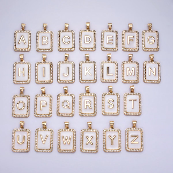 16k Gold Filled Initial Tag Letter Charm A - Z Alphabet Letter Enamel Micro Pave Tile Charm Pendant for Personalized Necklace Jewelry Making