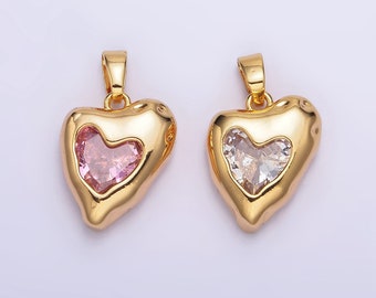 24K Gold Filled Clear, Pink CZ Molten Heart Pendant | AA592 AA593