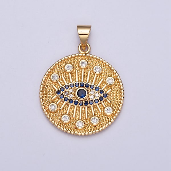 24k Gold Micro Pave Round Coin Blue CZ Evil Eye Pendant, Greek Eye Micro Pave CZ Charm For DIY Jewelry | H-688